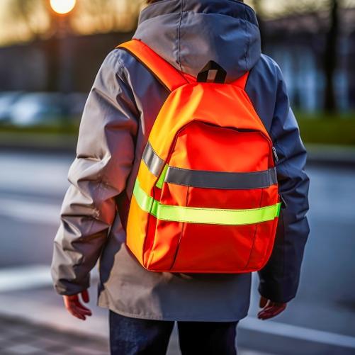 Osoba z plecakiem wyposażonym w elementy odblaskowe przechodzi przez jezdnię.