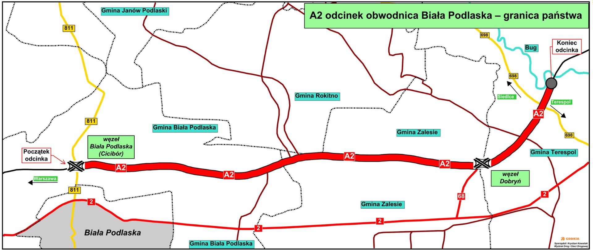 Mapa odcinka A2 Biała Podlaska granica państwa
