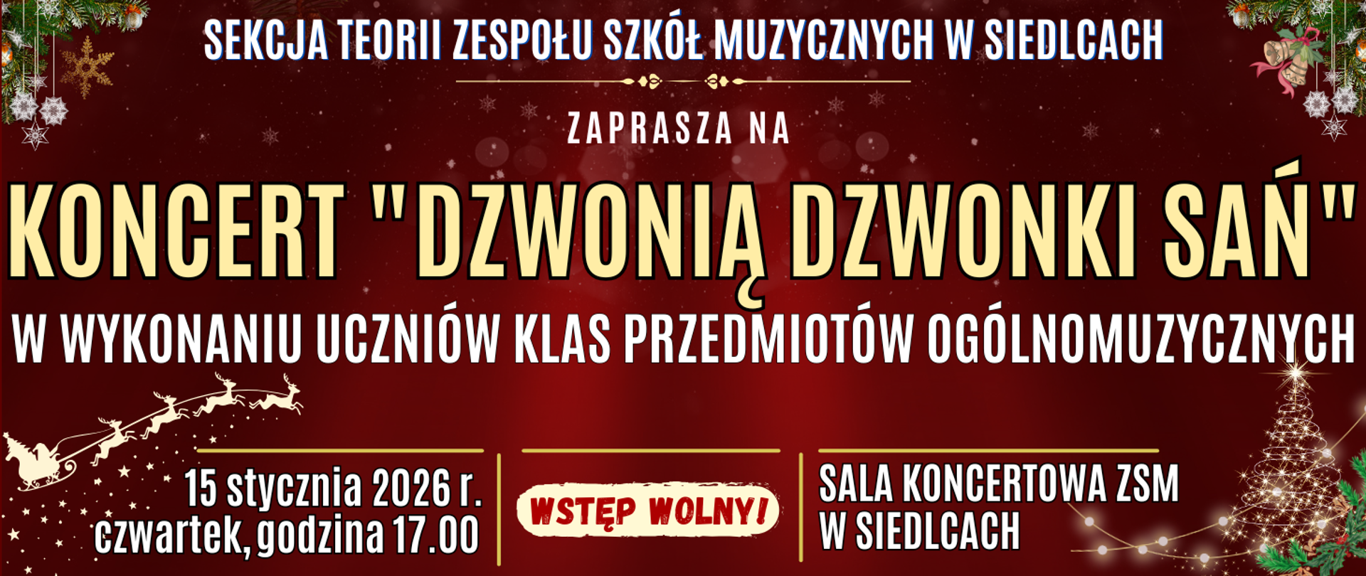 baner z ciemno czerwonym tłem z grafiką świąteczną oraz informacja o wydarzeniu