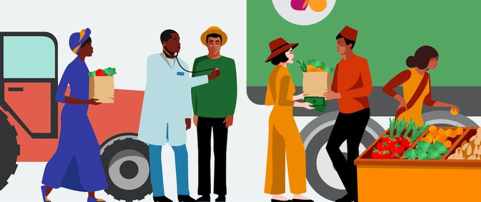 Grafika przedstawiająca ludzi różnych ras i zawodów (lekarz, sprzedawca, rolnik) dokonują zakupów żywności, w prawej dolnej części obrazka stragan ze świeżymi warzywami i owocami. W tle stoi ciągnik rolniczy.