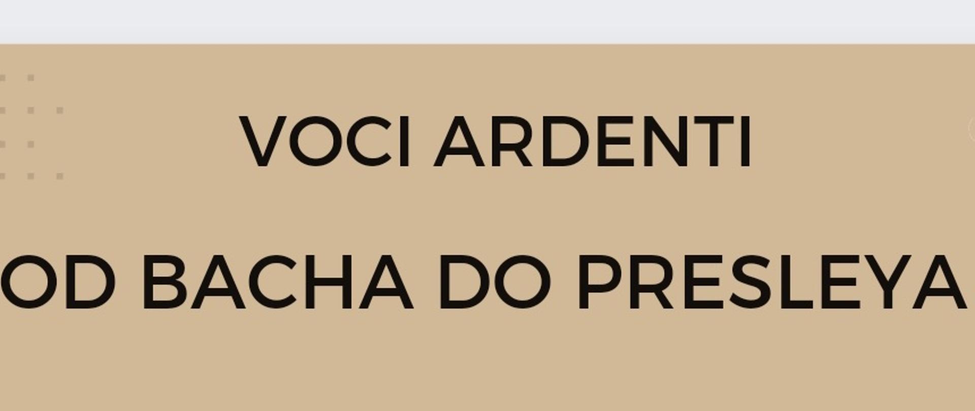 Plakat posiada beżowe tło. W górnej jego części widnije nazwa projektu muzycznego duetu VOCI ARDENTI. Pod nazwą umieszczony jest szczegółowy opis projektu. Na dole plakatu po lewej i prawej stronie znajdują się rysunki brązowych skrzypiec.