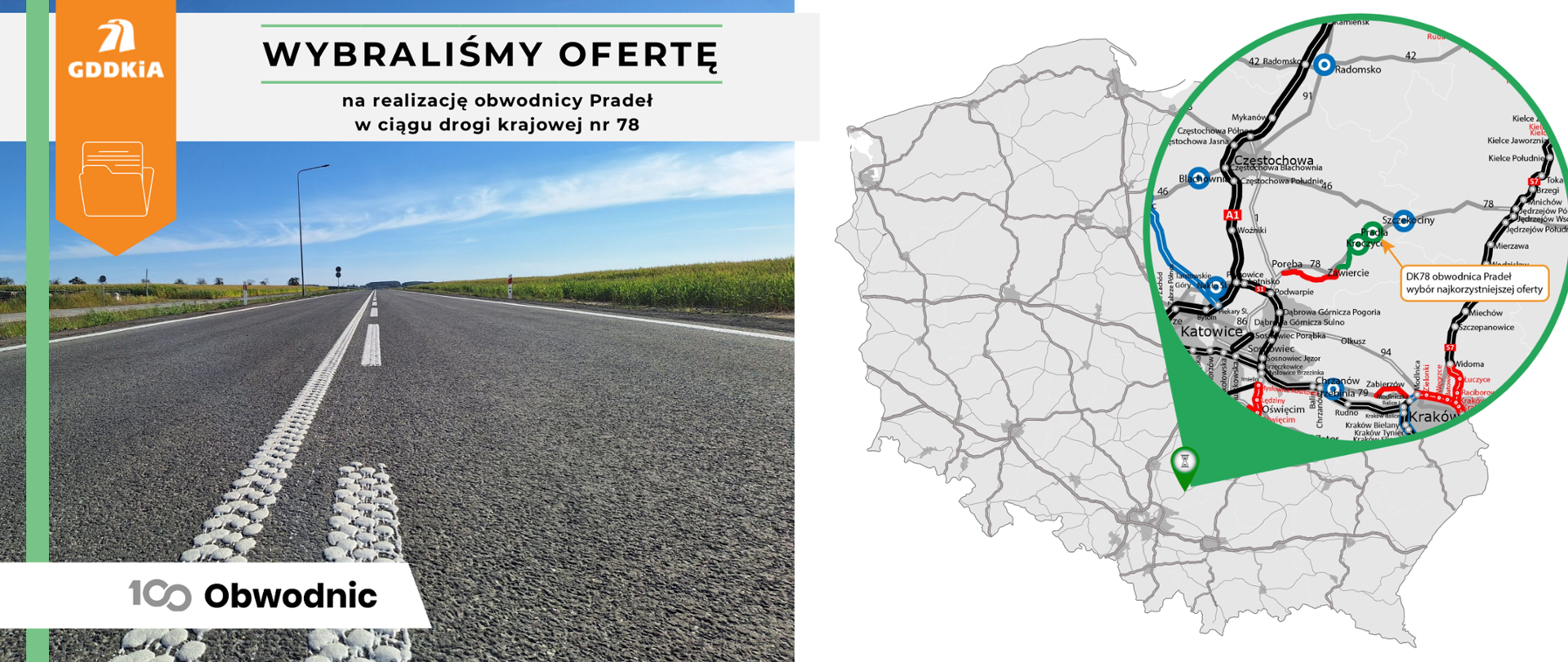 Infografika dot. wyboru najkorzystniejszej oferty na realizację obw. Pradeł w ciągu DK78