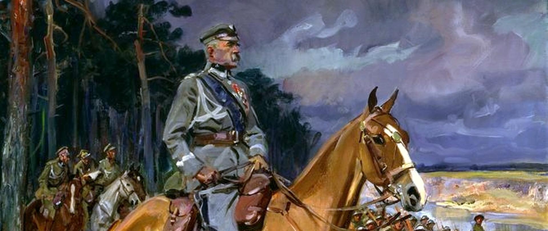 Obraz przedstawia Piłsudskiego na jego klaczy Kasztance. Naczelnik ubrany jest w popielaty mundur i czapkę wojskową. Koń stoi na wrzosowisku. W tle widać las sosnowy i legionistów na koniach. Barwy nieba wskazują na zbliżającą się burzę.