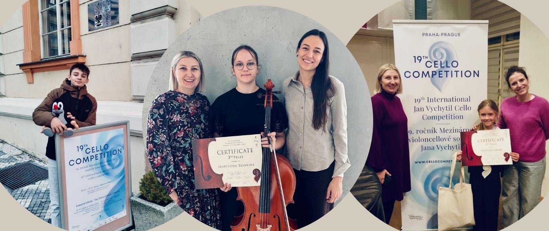 Na zdjęciu widać trzy połączone fotografie przedstawiające uczestników konkursu wiolonczelowego, każde ze zdjęć znajduje się w osobnym kole.
Na pierwszym zdjęciu po lewej stronie stoi Aleksander Kowalski obok plakatu z napisem „19th Cello Competition”, przed budynkiem, w którym odbywa się konkurs i trzyma w rękach maskotkę czeskiego krecika.
Na środkowym zdjęciu pozują razem trzy kobiety: 2 nauczycielki i uczennica, która trzyma wiolonczelę i dyplom.
Na zdjęciu po prawej stronie widać trzy osoby - dwie nauczycielki i uczennicę trzymającą dyplom i torbę, stojące przy banerze z napisem „19th Cello Competition”.
Całość przedstawia radosne momenty związane z udziałem w międzynarodowym konkursie wiolonczelowym.
