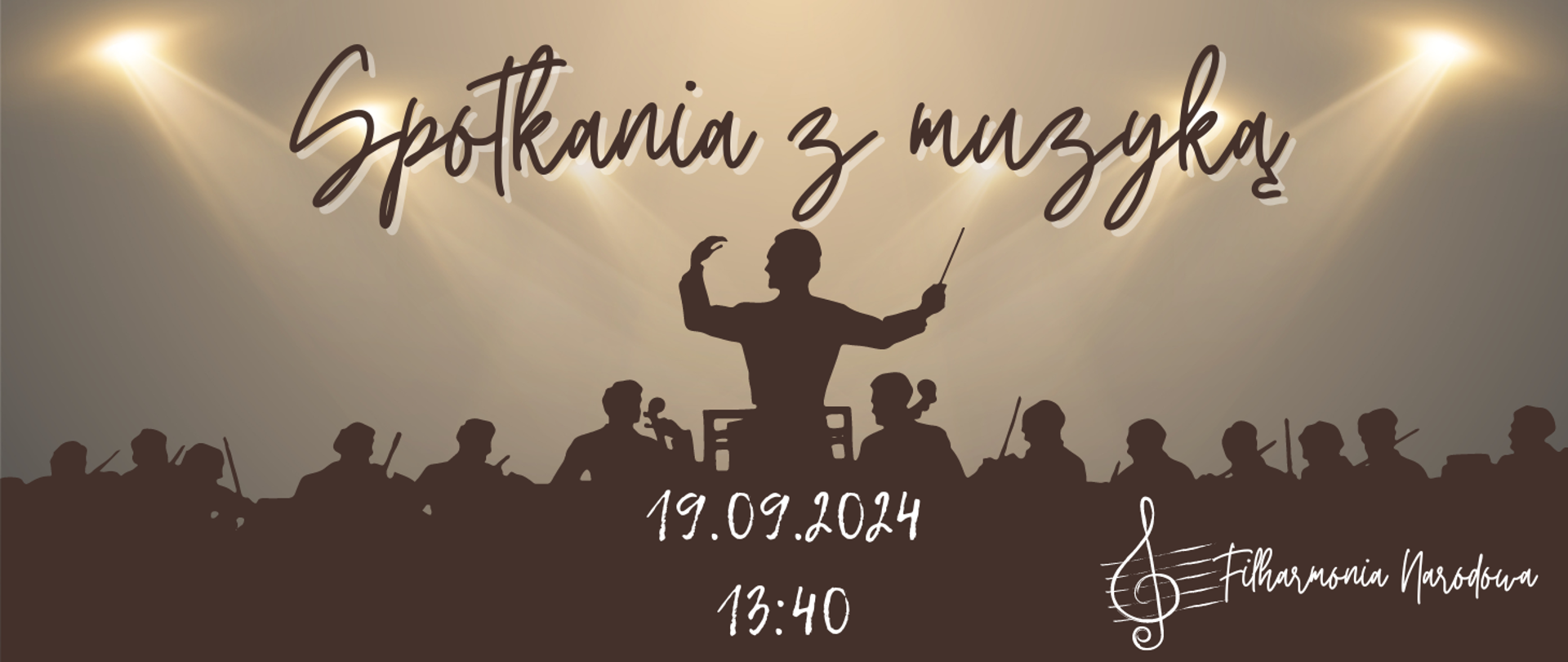 Na kolorowym tle zarys dyrygenta z orkiestrą. Na środku informacja o: Spotkanie z muzyką 19.09.2024r. godz. 13.40