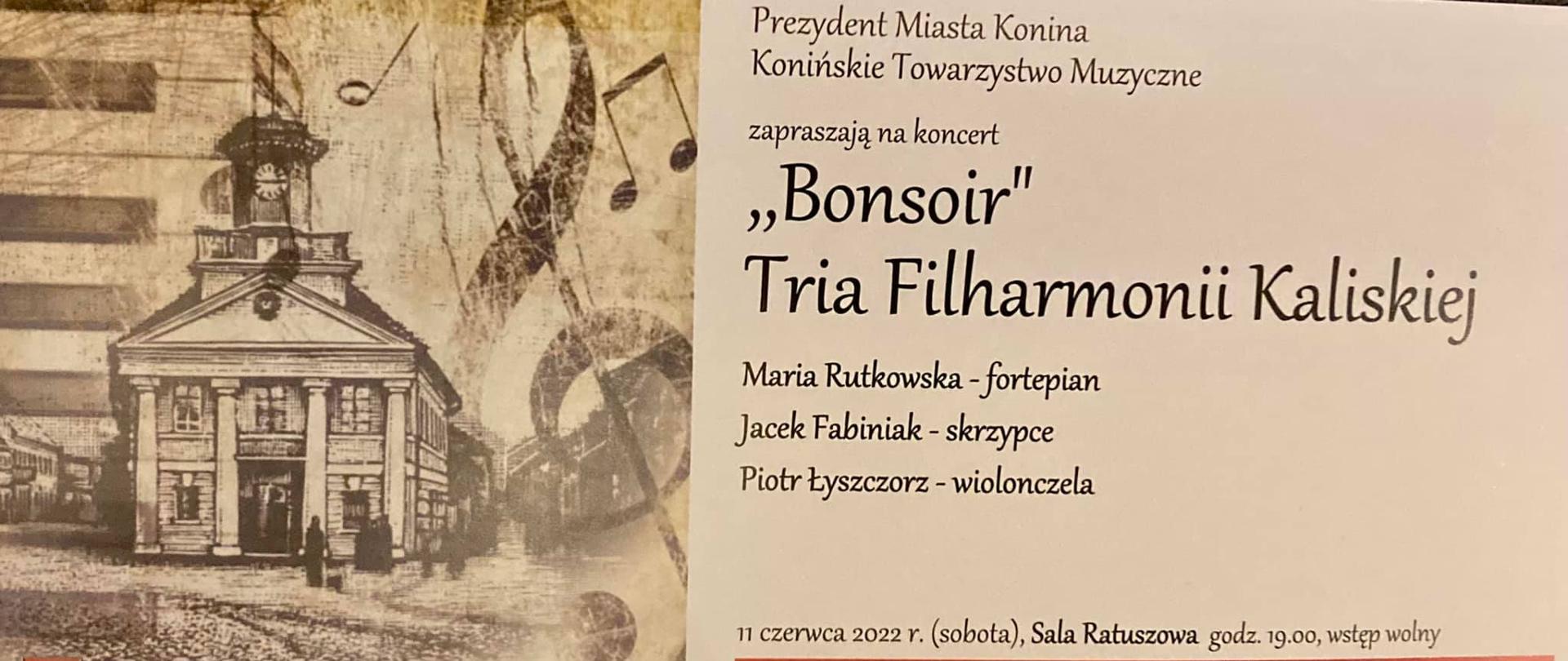 W lewej części grafika przedstawiająca ratusz w Koninie, po prawej nazwiska wykonawców, 11 czerwca 2022 godzina 19.00 