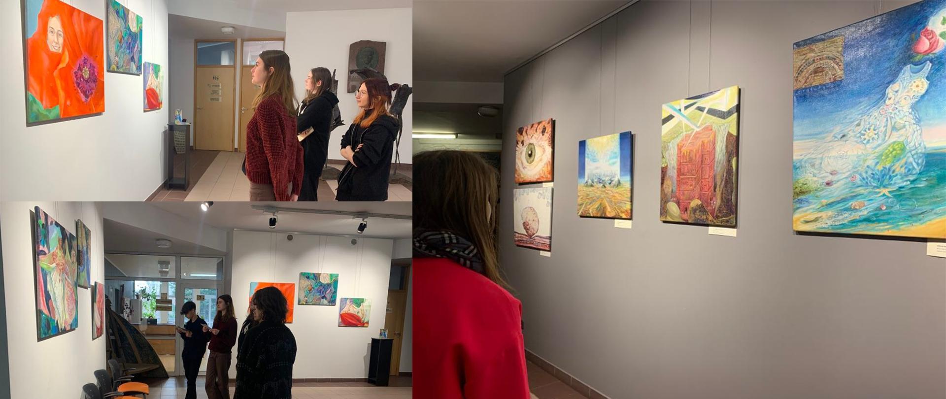 Obrazy wystawiane na ścianach w szkolnej Galerii Absolwenta, wykonane przez Panią Agatę Tomiczek-Wołonciej