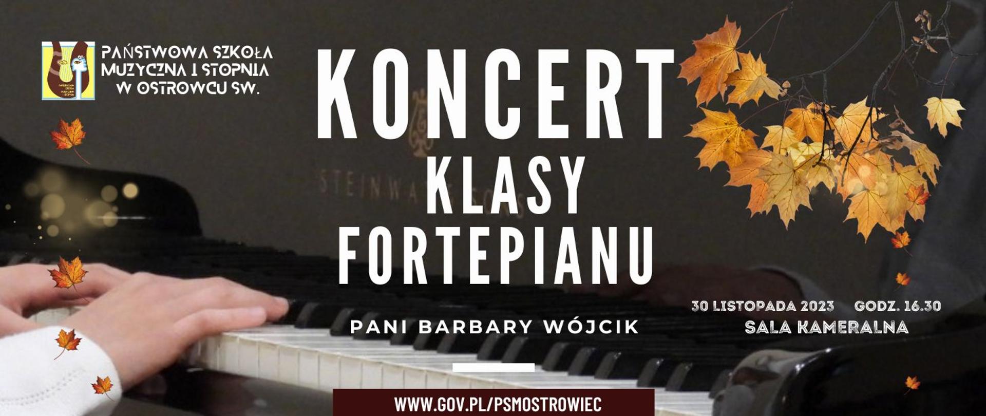 napisy w kolorze białym na tle w kolorze szarym z liśćmi w kolorze żółtym i z logiem szkoły w prawym górnym rogu