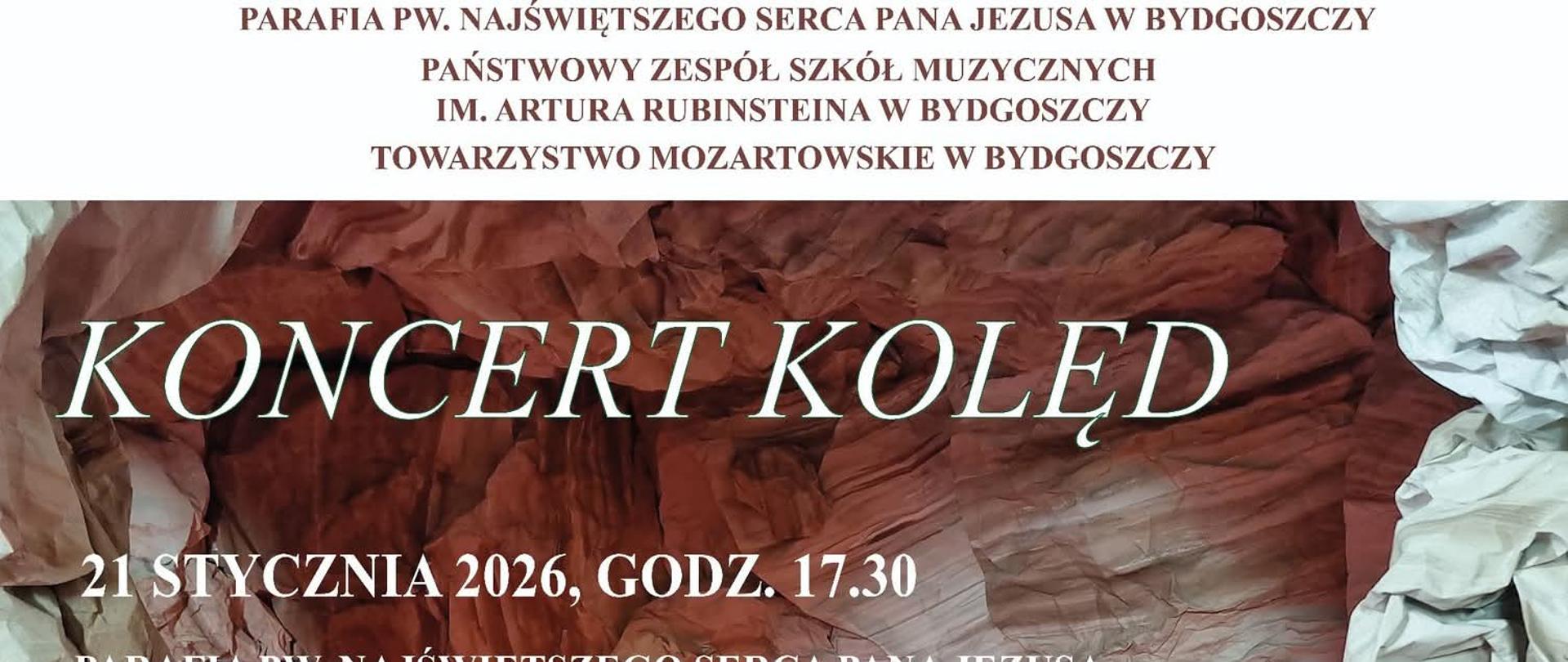 na plakacie złóbek bożonarodzeniowy na jego tle informacja białym literami o koncercie kolęd w kościele
