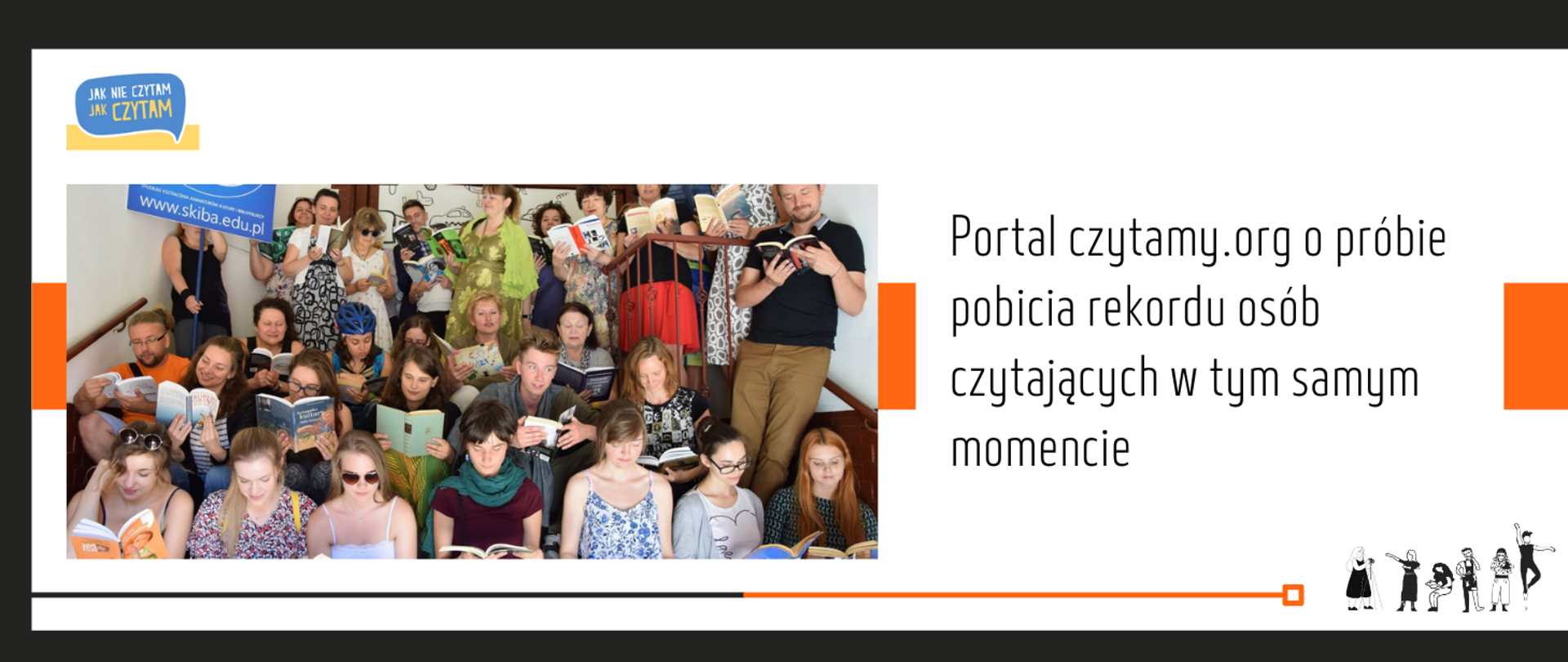 grafika białe tło, przez środek poziomy pomarańczowy pas, po lewej stronie zdjęcie licznej grupy młodych ludzi trzymających w rękach książki, po prawej stronie tekst Portal czytamy.org o próbie pobicia rekordu osób czytających w tym samym momencie