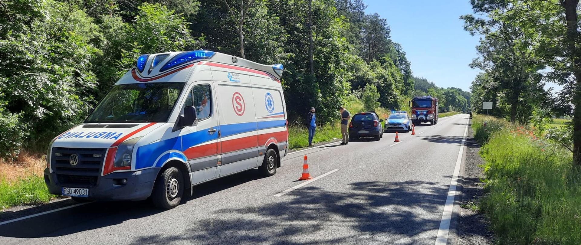 Fotografia przedstawia ujęcie drogi wojewódzkiej wykonane z pobocza wzdłuż drogi w kierunku drezdenka. Na lewym pasie jezdni stoją w kolejności od fotografującego: karetka pogotowia, samochód osobowy (stoi tyłem) uczestniczący w zdarzeniu, radiowóz policji, na końcu samochód gaśniczy średni. Wzdłuż pojazdów ustawione są pachołki ostrzegawcze. Po lewej stronie jezdni rośnie las, po prawej stronie pojedyncze drzewa. Jest dzień, niebo bezchmurne, słonecznie.