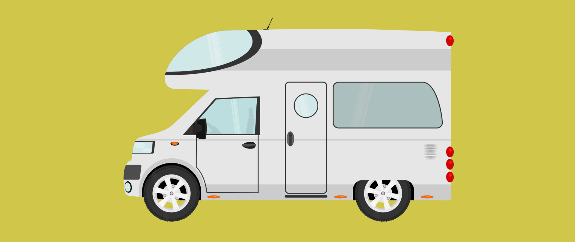 Grafika wektorowa - szary kamper na żółto-zielonym tle.
