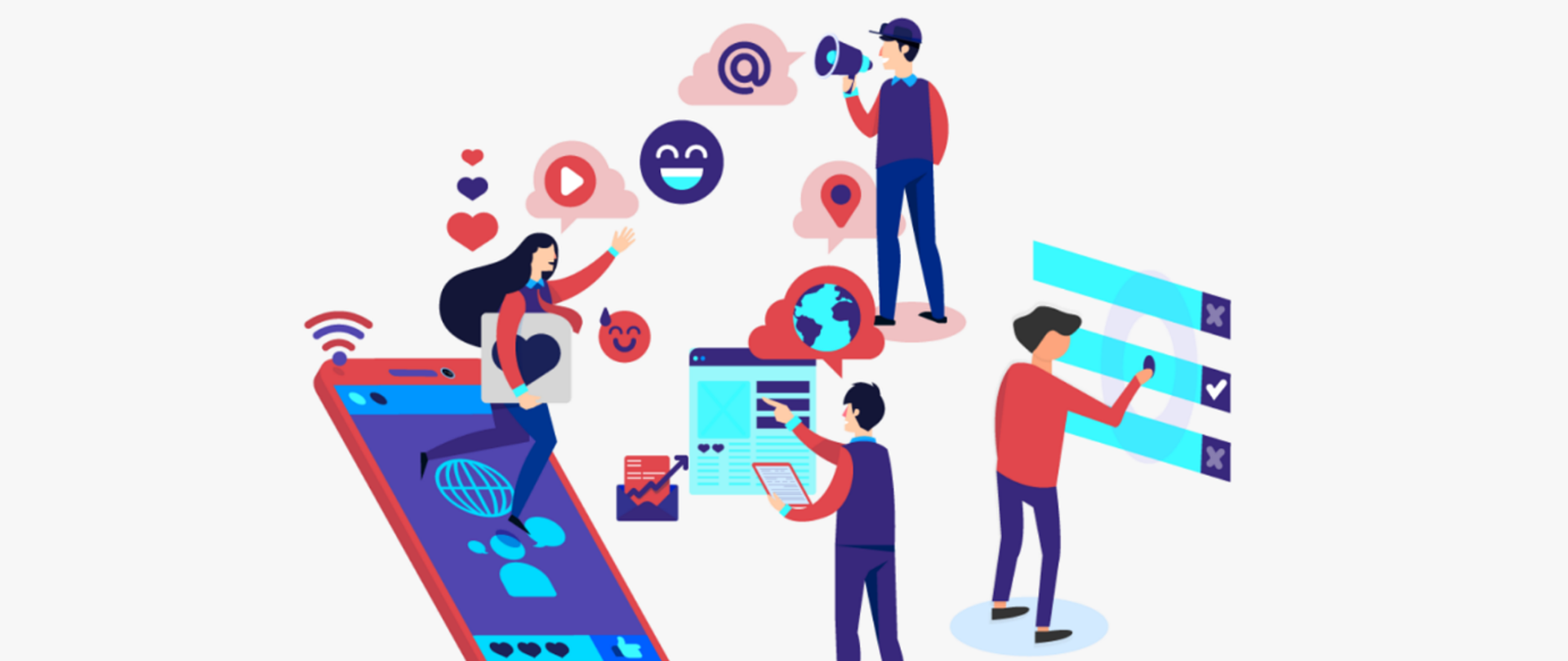 Kolorowe, rysunkowe postacie przedstawione, które wykonują różne aktywności w internecie