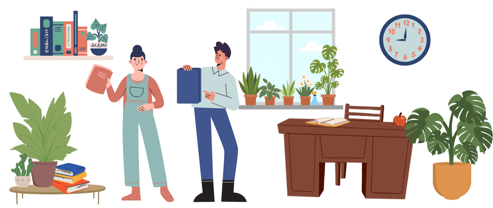 Ilustracyjny baner w białej kolorystyce przedstawiający dwoje nauczycieli w klasie. Wokół nich znajdują się książki, rośliny, biurko z zeszytem i jabłkiem, okno oraz zegar. Po lewej stronie widoczna jest półka z książkami i roślinami, a po prawej duża roślina doniczkowa.