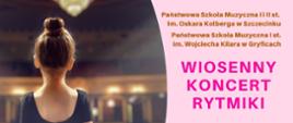 Plakat z małą baletnicą i informacją o wiosennym koncercie rytmiki 5.05.2023 w Szczecinku