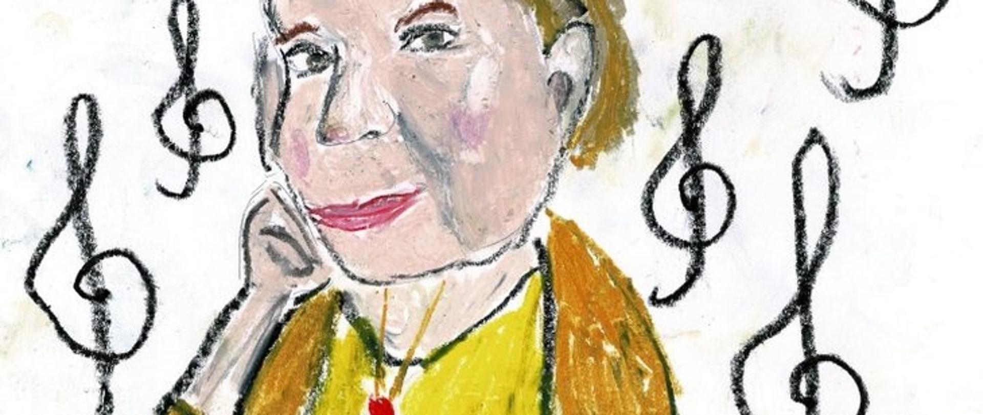 Zdjęcie przedstawia rysunek jednego z laureatów konkursu. Rysunek przedstawia portret jednej z nauczycielek na tle kluczy wiolinowych.