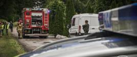 Na zdjęciu widać wóz strażacki, przy którym stoją funkcjonariusze PSP, z prawej strony stoi biały bus a przy nim stoi żołnierz. Przez środek biegnie droga a dookoła są drzewa