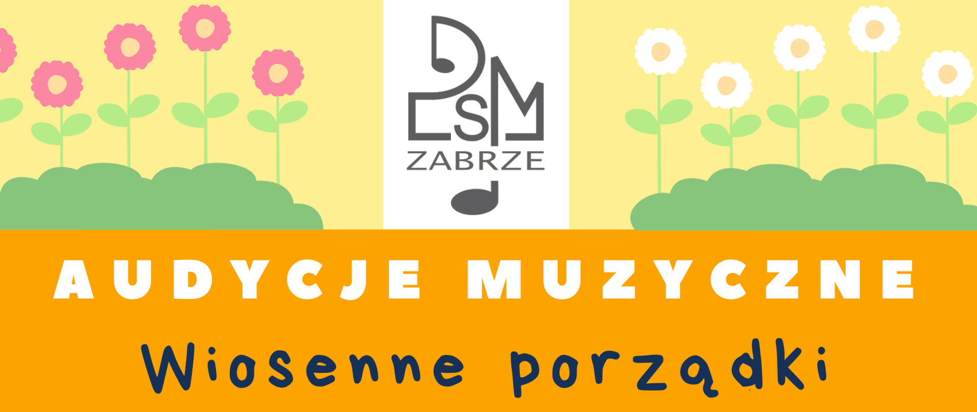 Obrazek ma wiosenną, pastelową kolorystykę i styl graficzny przypominający ilustracje dla dzieci. W górnej części widnieją rzędy kwiatów – po lewej stronie różowe, po prawej białe – osadzone na zielonych krzewach, na tle żółtego nieba. Na środku znajduje się logo szkoły muzycznej. W dolnej części, na tle zielonej trawy z białymi kwiatkami, siedzą dwa króliki – jeden brązowy, drugi biały. Całość ma pogodny, przyjazny charakter, podkreślający tematykę wiosenną i dziecięcą.