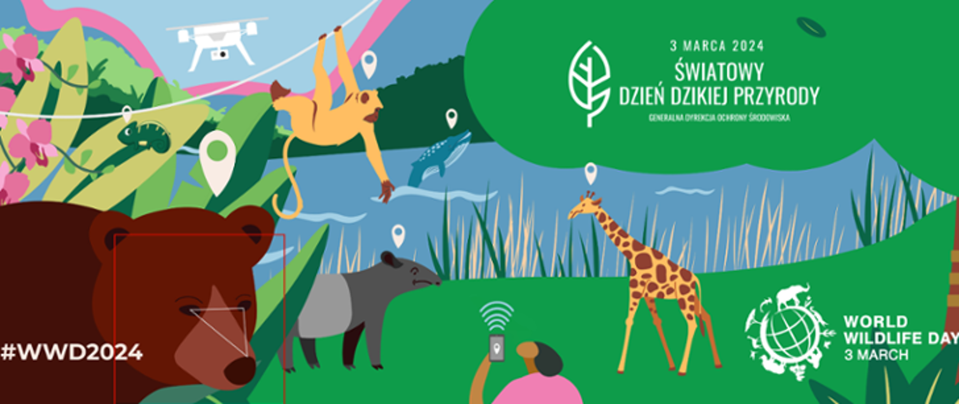 Kolorowy rysunek dziko występującej fauny i flory. Nad każdym ze zwierząt, np. niedźwiedziem, małpą grafika pinezki. W prawym górnym rogu napis: 3 marca 2024 Światowy Dzień Dzikiej Przyrody i logotyp Generalnej Dyrekcji Ochrony Środowiska (biały liść). W prawym dolnym roku logo World Wildlife Day 3 march (grafika globu ziemskiego otoczona roślinami i zwierzętami). W lewym dolnym rogu napis: 3WWD2024.
