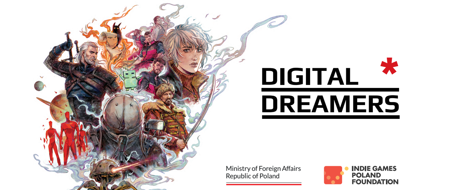 L'image représente une affiche avec des personnages de jeux vidéo polonais et l'inscription Digital Dreamers.