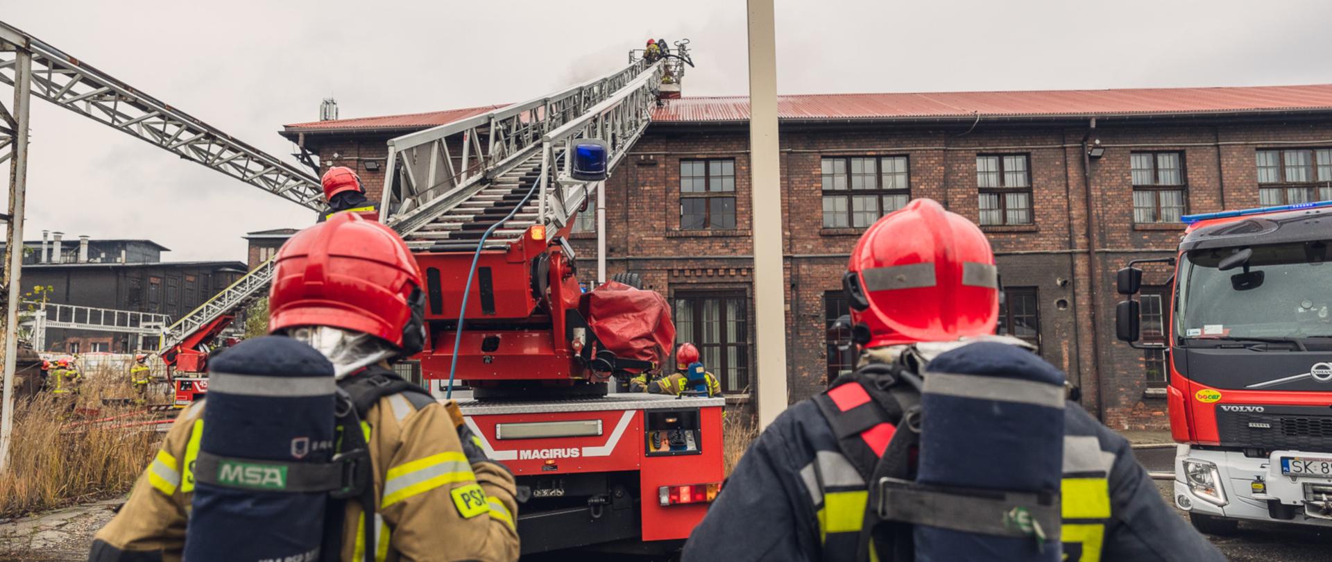 Na zdjęciu na pierwszym planie widocznych dwóch strażaków w ubraniach specjalnych i hełmach, odwróconych tyłem. Strażacy na plecach mają butle z powietrzem. Przed nimi stoi samochód specjalny z wysuniętą na dach budynku drabiną.
