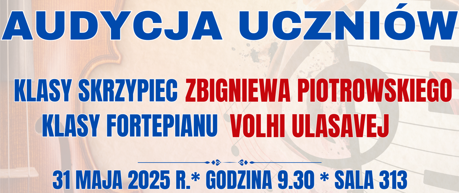 baner z kolorowym tłem z półprzezroczystymi skrzypcami i klawiaturą fortepianu oraz informacja o audycji