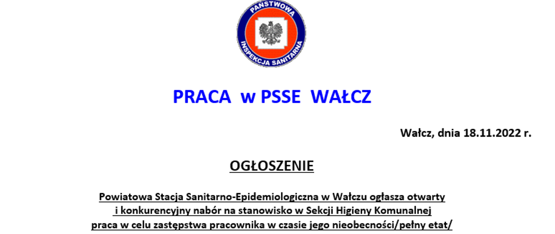 Oferta pracy w Sekcji Higieny Komunalnej