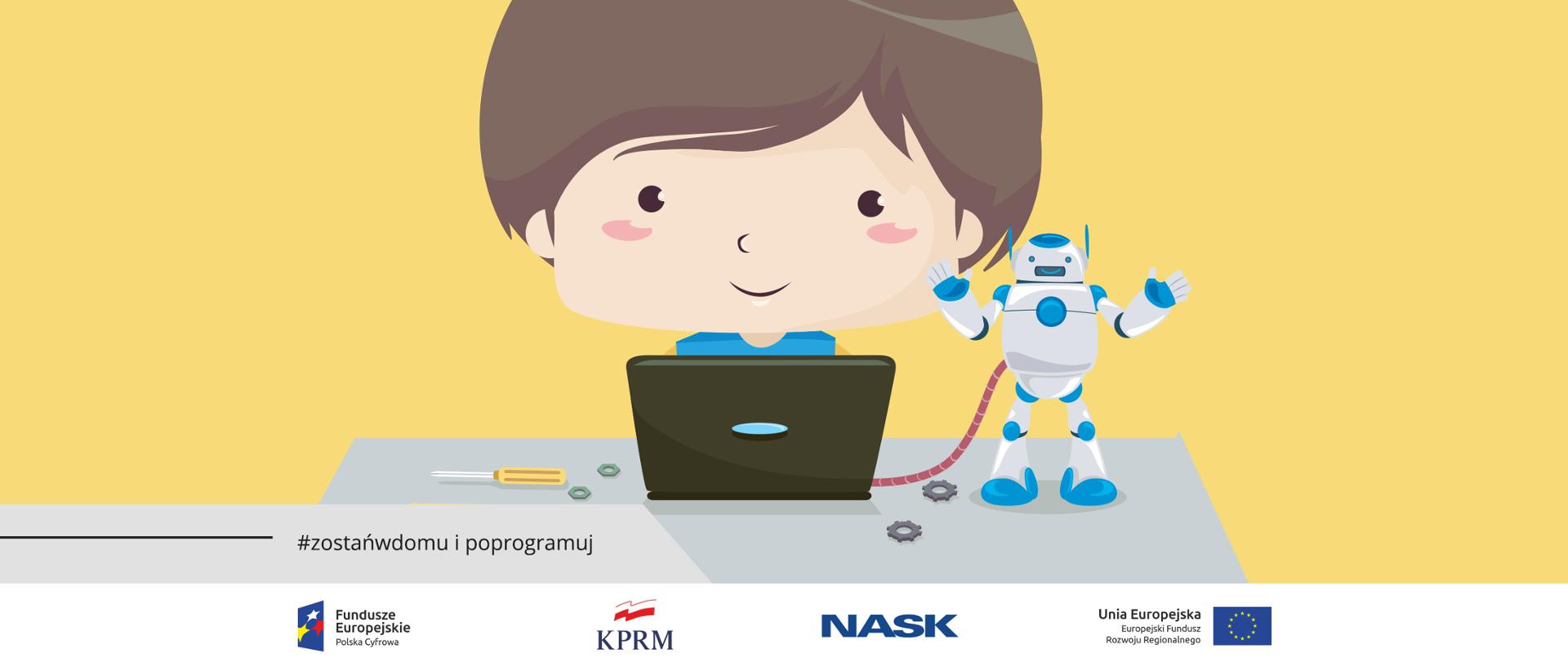 Grafika wektorowa - chłopiec siedzący za laptopem. Obok komputera stoi robot. Widać też śrubokręt i śrubki. 