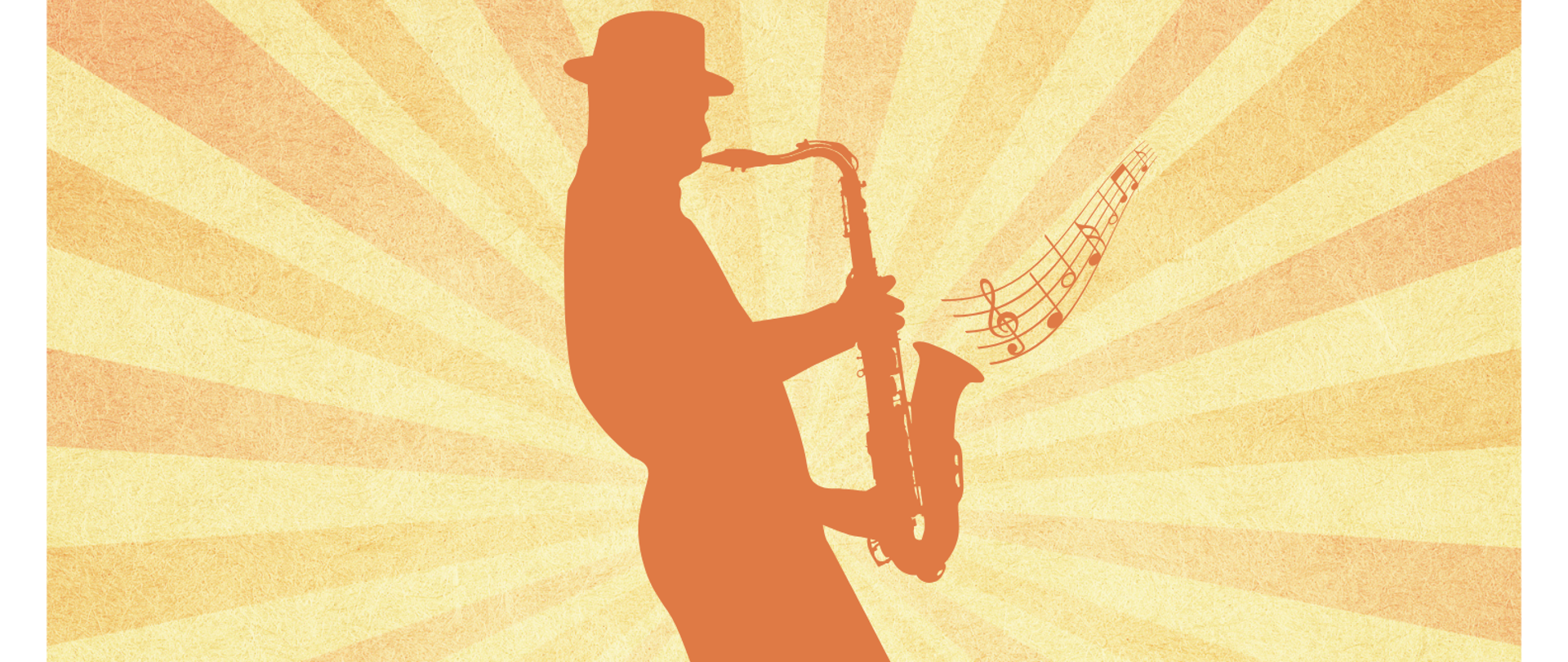 Grafika w pomarańczowym tle, przedstawiająca na środku obrys-cień człowieka, mężczyzny z ugiętą jedną nogą i w kapeluszu, grającego na saksofonie. Od postaci odchodzą dwukolorowe paski żółto-pomarańczowe - jakby promienie słoneczne. Nad postacią znajduje się napis: "Popis klasy saksofonu mgr Mateusza Boducha". Natomiast pod postacią, na pomarańczowym tle, kolejne napisy: "2 czerwca 2025 roku, godz. 17.00, aula szkoły".