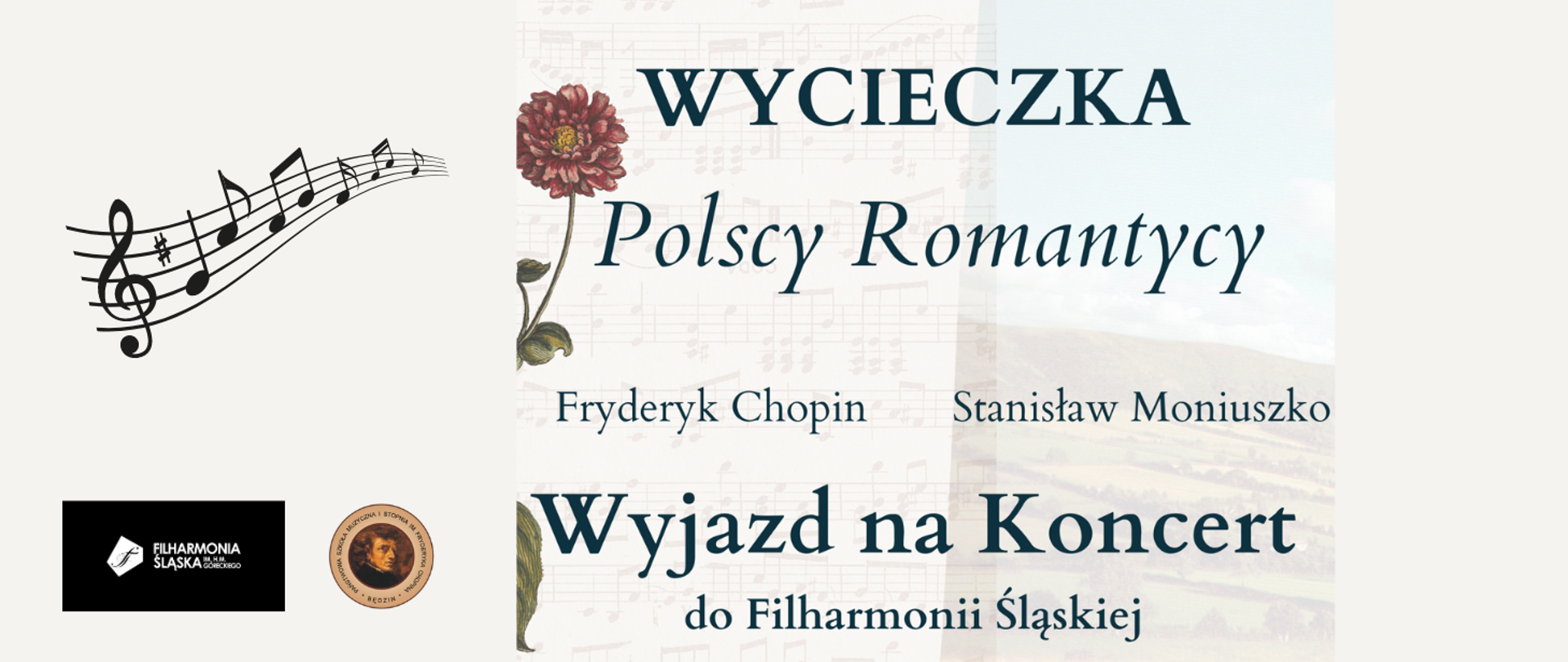 baner na jasnym tle, po lewej logo szkoły i filharmonii, po prawej informacje o koncercie
