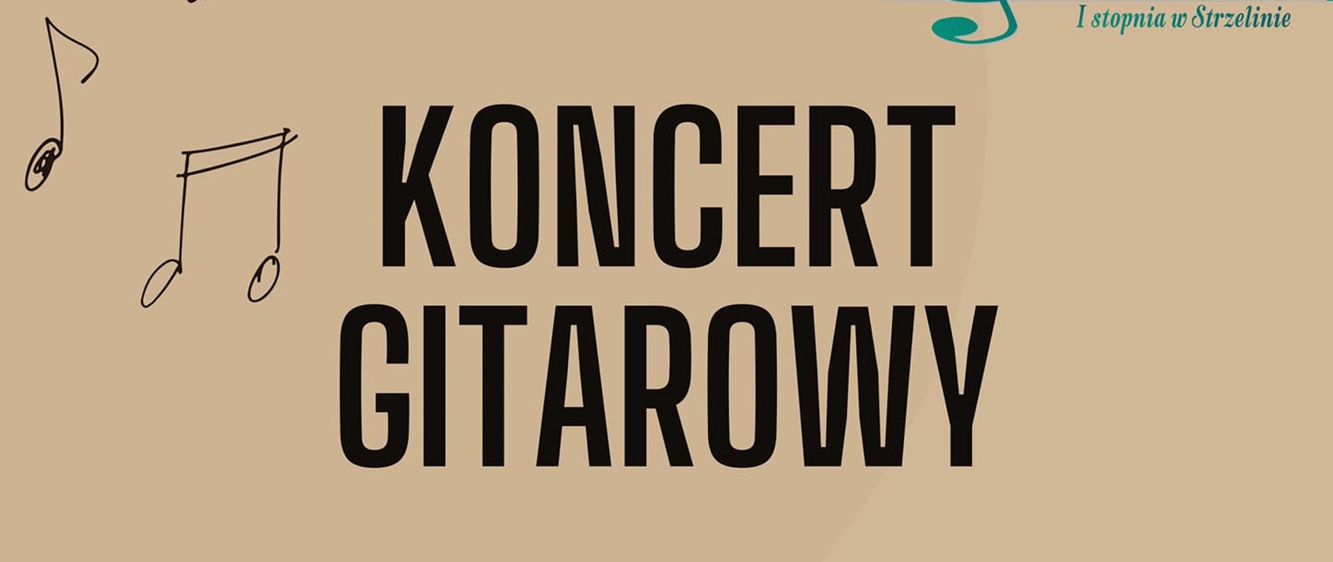 Plakat ma beżowe tło z muzycznymi grafikami. Na środku znajdują się informacje dotyczące wydarzenia. W prawym górnym rogu widnieje logo szkoły. 