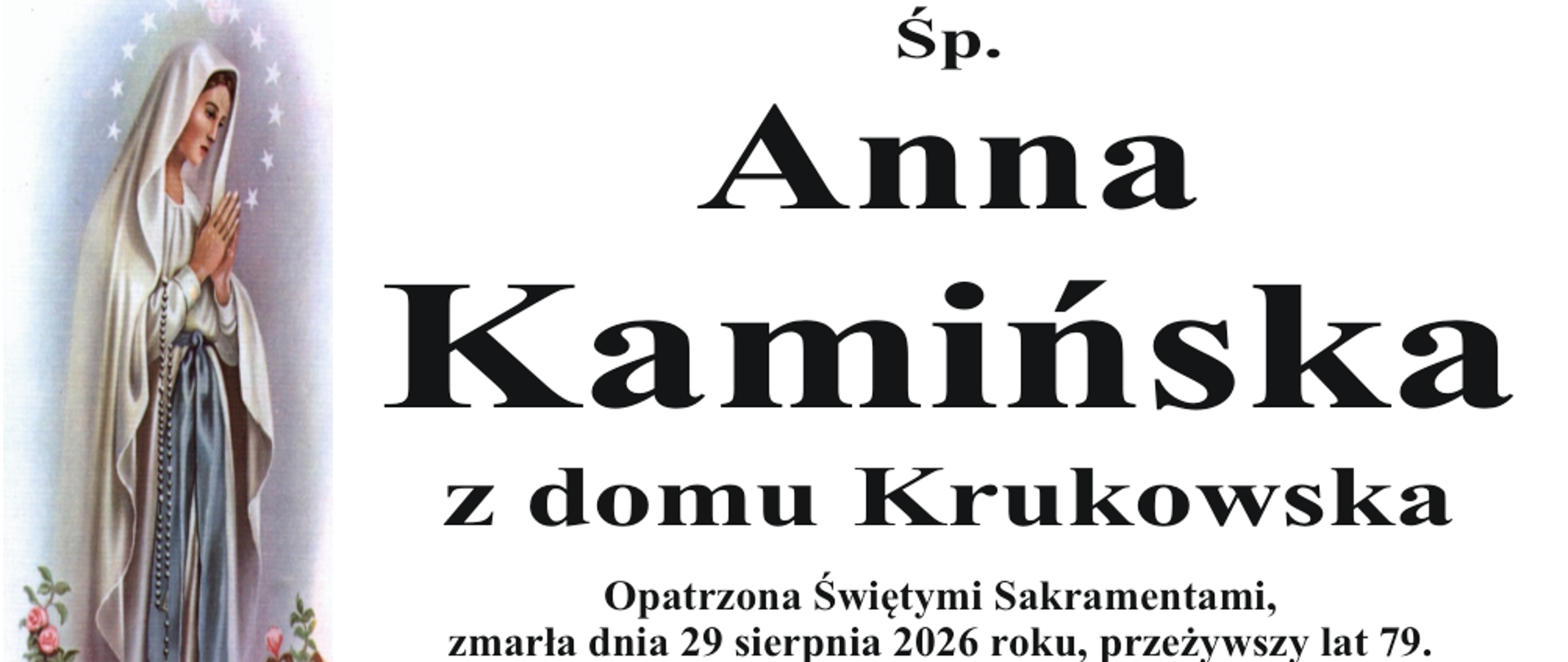 Zawiadomienie o śmierci Śp. Anny Kamińskiej