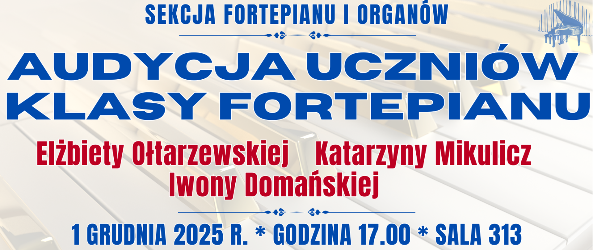 baner w tle klawiatura fortepianu oraz informacja o wydarzeniu