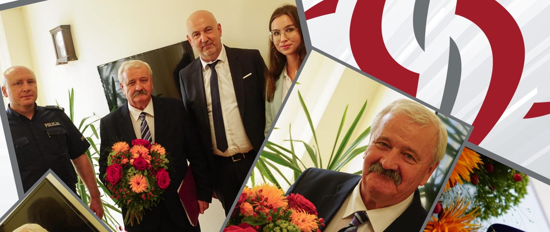 Zdjęcie przedstawia kolaż, na którym po lewej stronie znajduje się Pan Michał Strzałkowski, trzymający w ręku Złotą Odznakę oraz gratulacje przyznane z okazji 50-lecia Służby. W środku znajduje się grupowe zdjęcie, na którym jest Zastępca Komendanta Miejskiego Policji w Siedlcach młodszy inspektor Dariusz Dudek, Pan Michał Strzałkowski, Pan Arkadiusz Ziółkowski Naczelnik Wydziału Ustalania Świadczeń ZER MSWiA oraz Pani Patrycja Suchowiecka z Wydziału Organizacji i Analiz ZER MSWiA. Obok jest zdjęcie Pana Michała Strzałkowskiego z bukietem kwiatów oraz zdjęcie Złotej odznaki znajdującej się w granatowym pudełku leżącym na wydrukowanych gratulacjach.