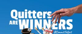 Baner World Health Organization - przedstawia kosz na śmieci wypełniony papierosami i akcesoriami dp palenia, hasło Quitters are Winners 