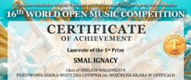 Na grafice konkursu certyfikat potwierdzający zajęcie pierwszego miejsca