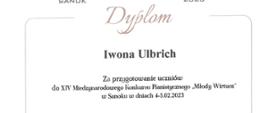 Dyplom dla Iwony Ulbrich za przygotowanie uczniów do XIV Międzynarodowego Konkursu Pianistycznego "Młody Wirtuoz" w Sanoku w dniach 4-5.02.2023