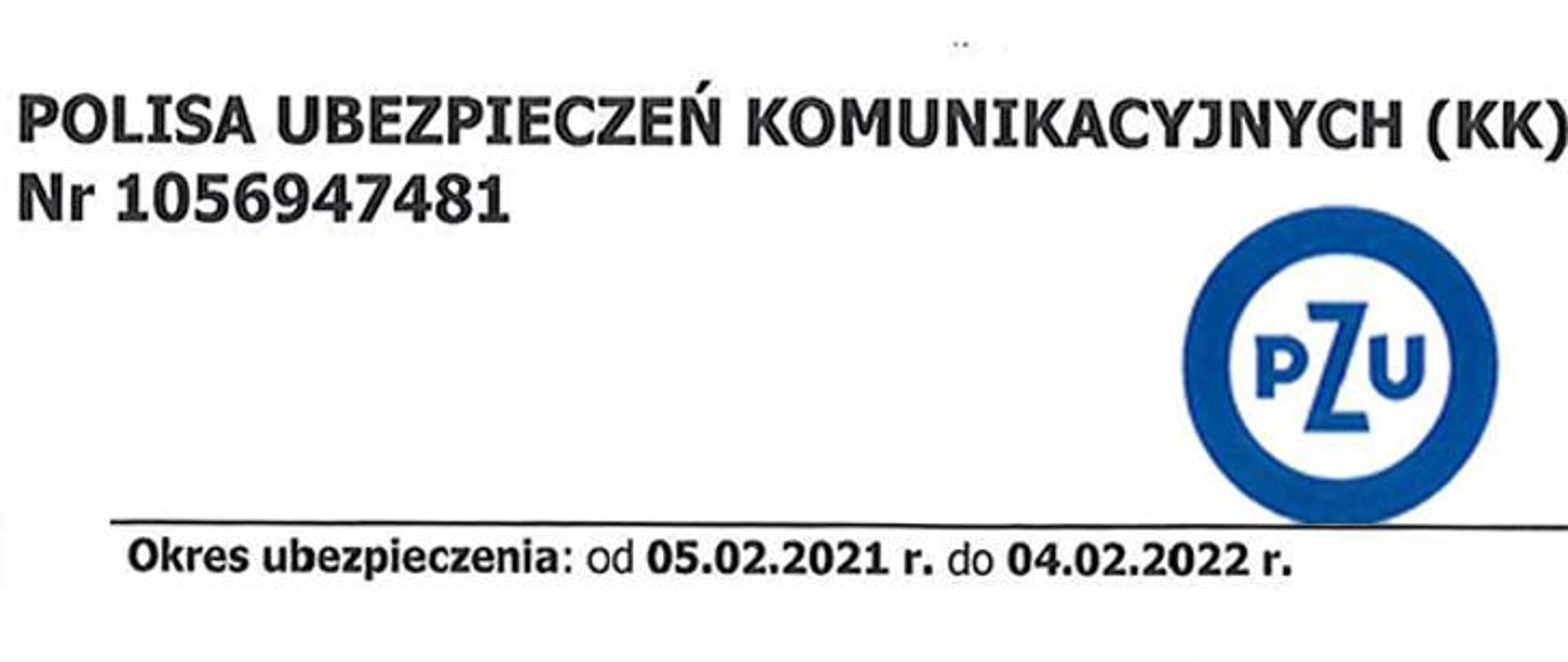 Fragment policy zawierający nazwę i dat ę obowiązywania oraz logo PZU