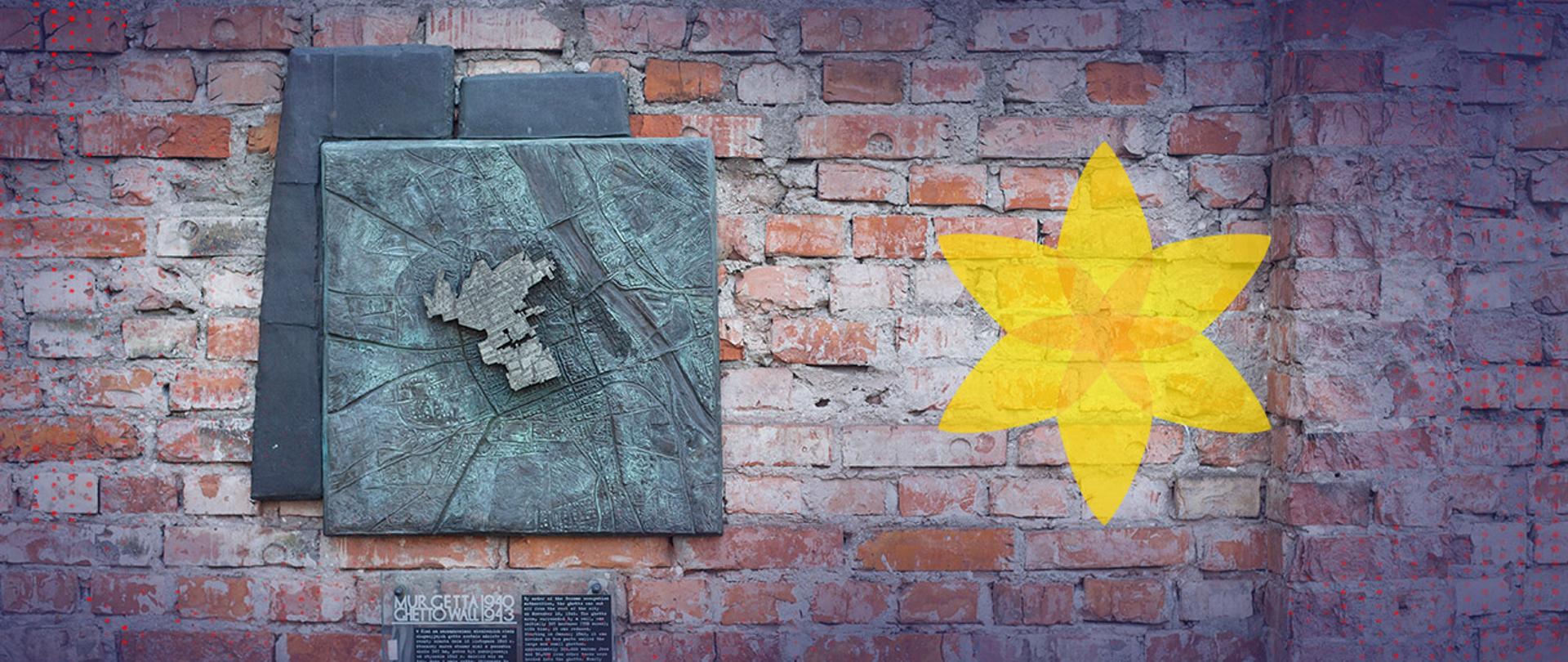 Grafika z okazji 77. rocznicy wybuchu Powstania w Getcie Warszawskim. Tło stanowi zdjęcie fragmentu muru warszawskiego getta wraz z tablicą upamiętniającą. Obok umieszczono symboliczny żonkil. 
