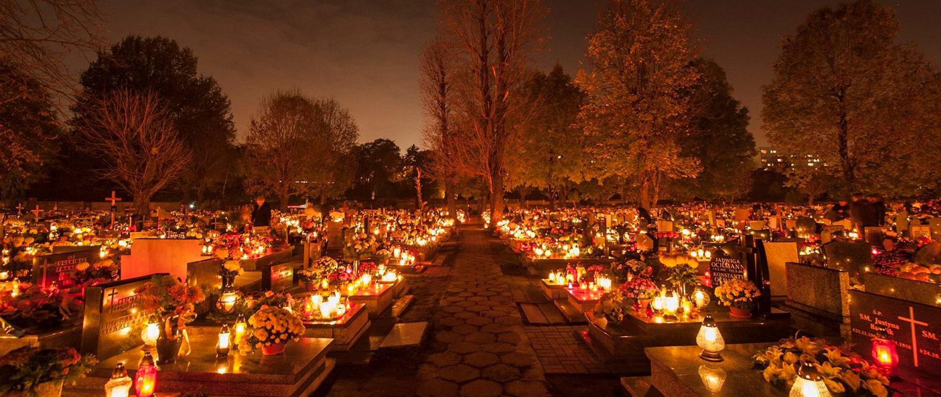 Zdjęcie przedstawia cmentarz w nocy, rozświetlony płonącymi świecami.