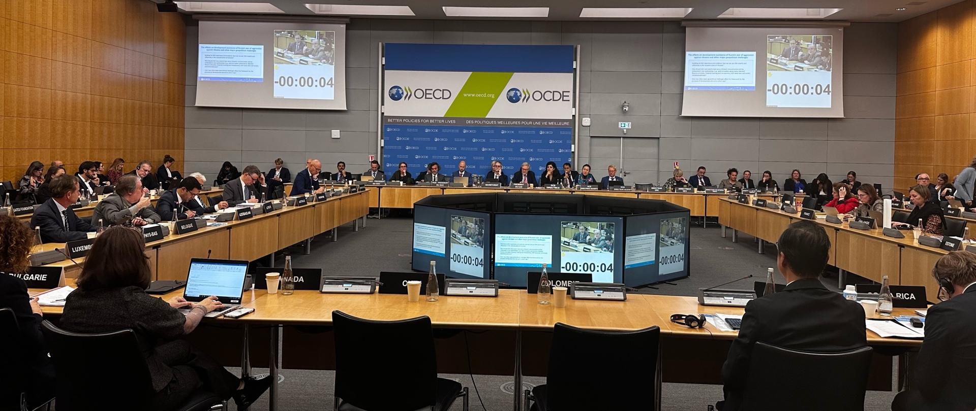 Spotkanie Ministerialne Komitetu Pomocy Rozwojowej OECD w Paryżu. Na zdjęciu widać przedstawicieli państw w pomieszczeniu konferencyjnym. 