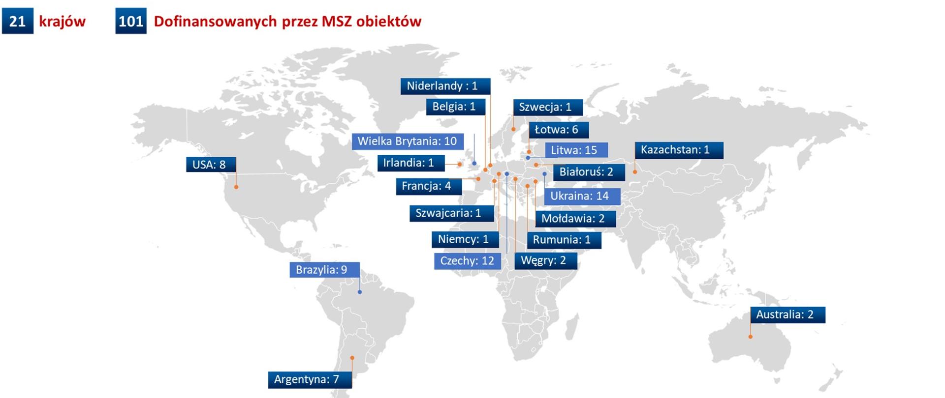 Mapa świata z zaznaczonymi na niej krajami, w których zostały zrealizowane projekty wytypowane w edycjach konkursu Infrastruktura Polonijna z lat 2020-2025.