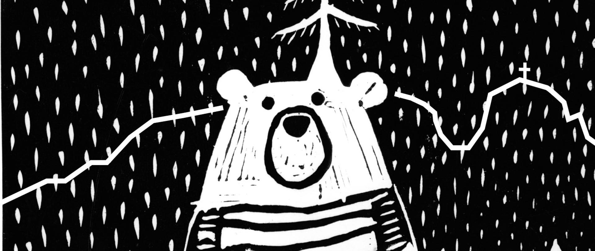 Grafika przedstawia kartkę świąteczną wykonaną z okazji Świąt Bożego Narodzenia i Nowego Roku 2024. Jej autorką jest uczennica kl. 3A Dalila Harasimowicz. Kartka wykonana jest w technice linorytu i jest czarno-biała. W centrum widzimy stojącego białego misia z opuszczonymi łapami. Z za misia wyłania się niewielka choinka. Na drugim planie widzimy pasmo gór i drzewa. Na dalszym planie przedstawiony jest Giewont z małym krzyżykiem. Grafika dodatkowo składa się z powtarzanych białych kropek dzięki którym mamy wrażenie, że pada śnieg. Pod spodem znajduje się napis - życzenia świąteczne: Na szczęście, na zdrowie na to Boże Narodzenie!