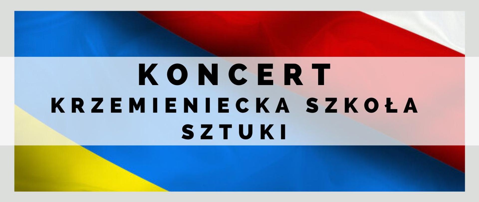 Panorama , połączone flagi narodowe Polski i Ukrainy. Na ich tle czarnymi literami Koncert Krzemieniecka szkoła sztuki.