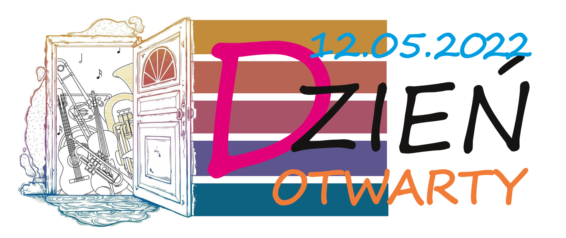 Kolorowa grafika zawierająca otwarte drzwi, za którymi widać różne instrumenty oraz kolorowy napis DZIEŃ OTWARTY 12.05.2022