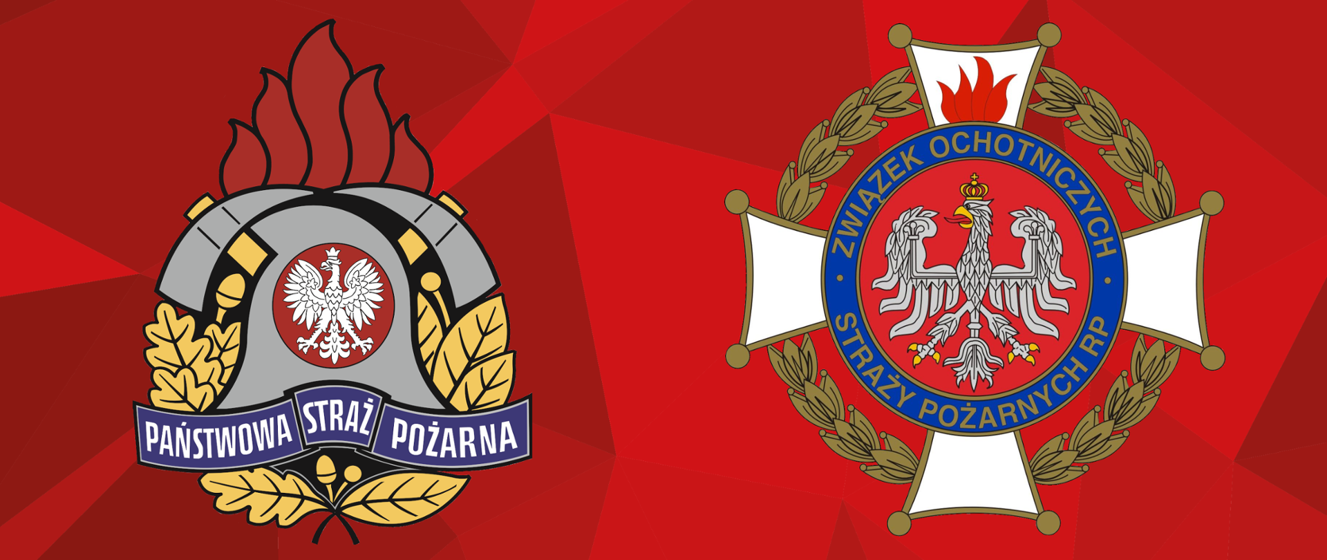 Logotyp Państwowej Straży Pożarnej oraz Związku Ochotniczych Straży Pożarnych na czerwonym tle