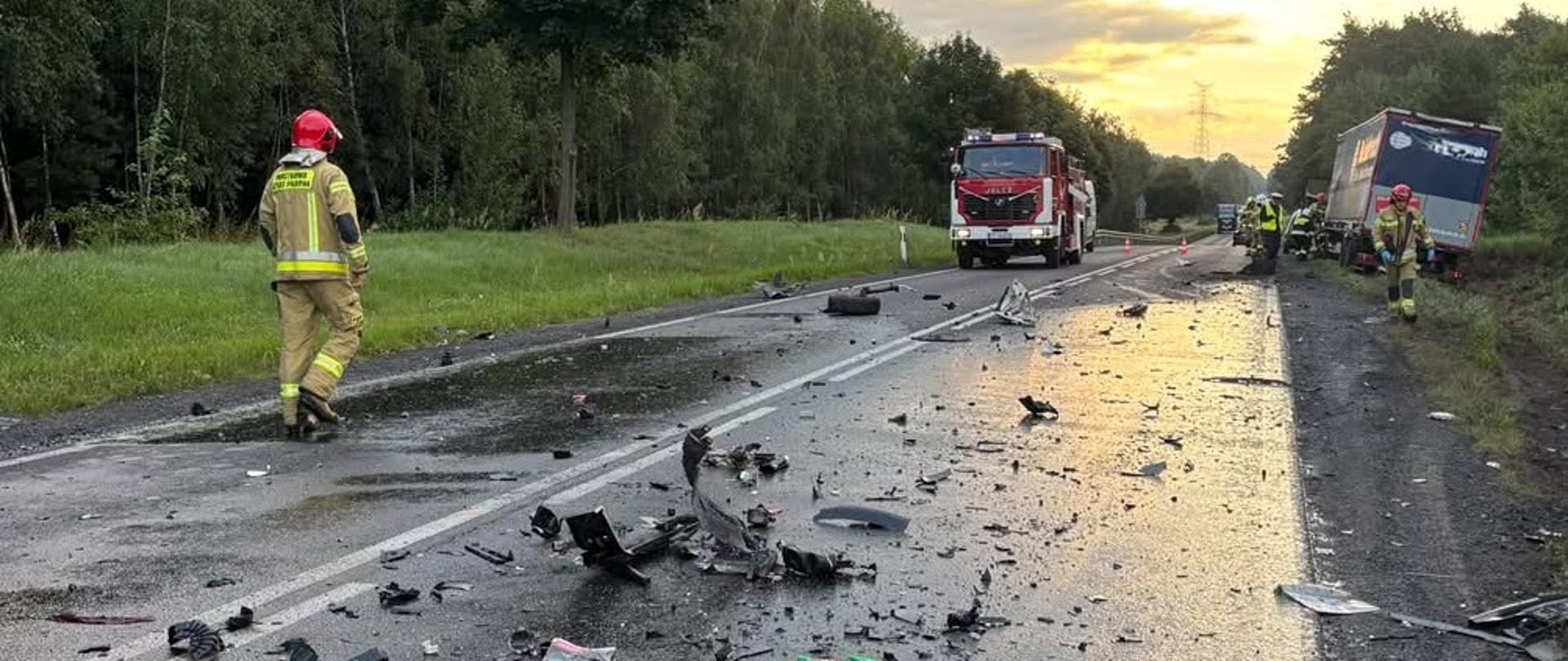 Na zdjęciu widnieją strażacy w trakcie akcji ratowniczej na drodze krajowej nr 10. 