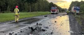Na zdjęciu widnieją strażacy w trakcie akcji ratowniczej na drodze krajowej nr 10. 