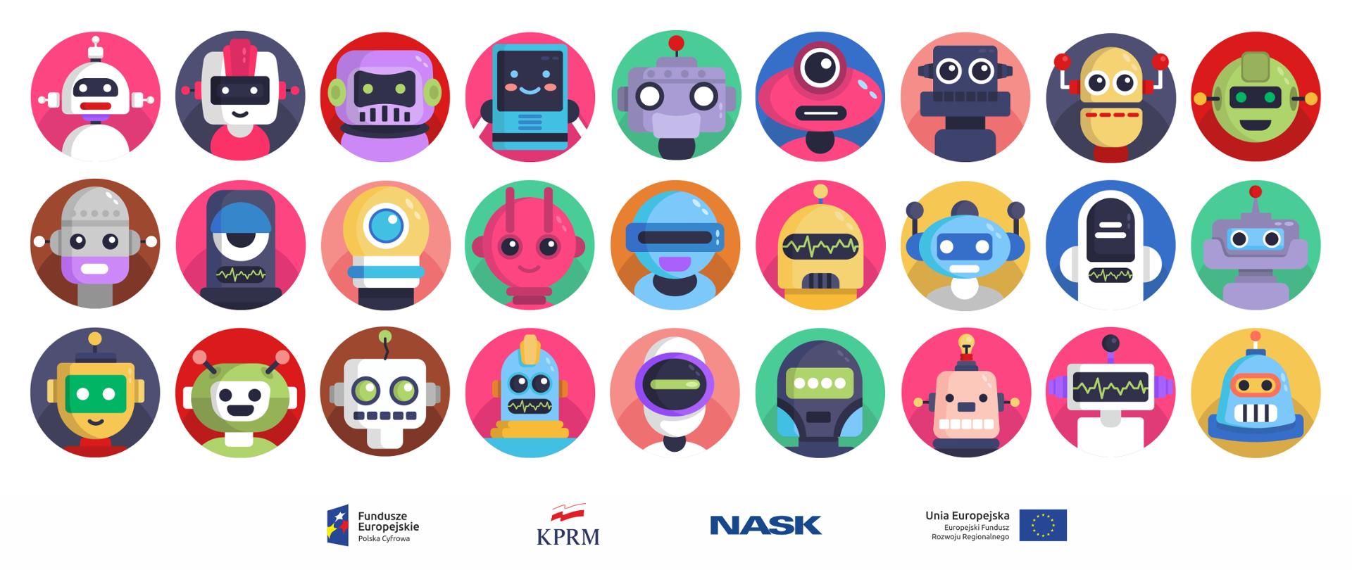 27 kolorowych ikonek graficznych przedstawiających roboty - każda w kolorowym kółku. Trzy rzędy, po 9 ikonek w każdym.