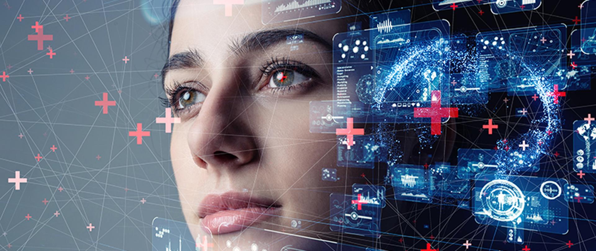 grafika symboliczna - zdjęcie twarzy kobiety na którym narysowane są linie, znaki plus i zrzuty ekranowe z komputerów